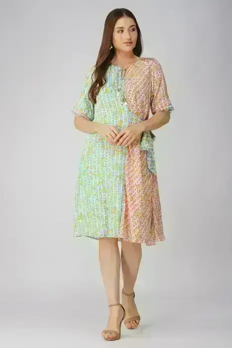 LEAF PRINTED ASYMMETRICAL DRESS